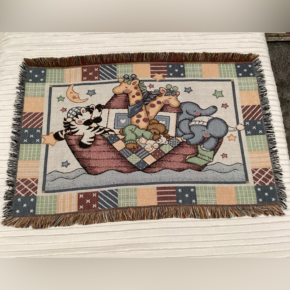 🔵 NWT & Vintage  - Noah's Ark Baby Throw Afghan Blanket - Colorful - Rare